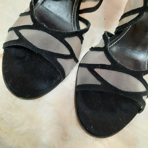 La Canadienne Black Suede Mesh Heels Sandals Size 39 US 8.5 Ankle Strap Italy - Picture 3 of 12